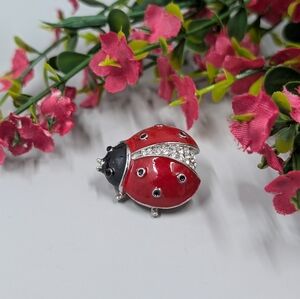 Cute Vintage Y2K Ladybug Brooch With Crystal Accents